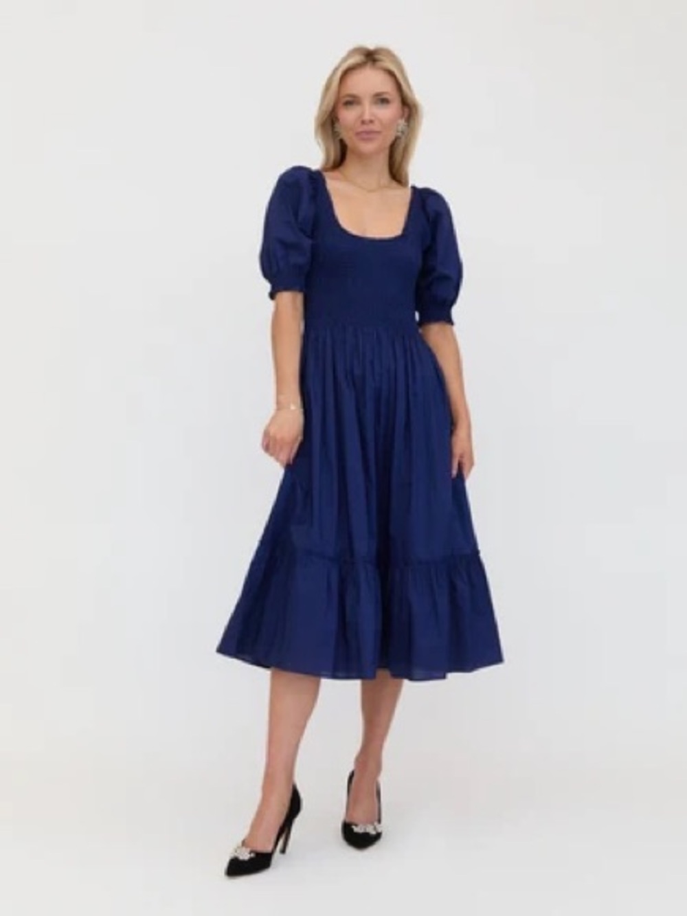 Hill House Navy Puff-Sleeve Midi Dress